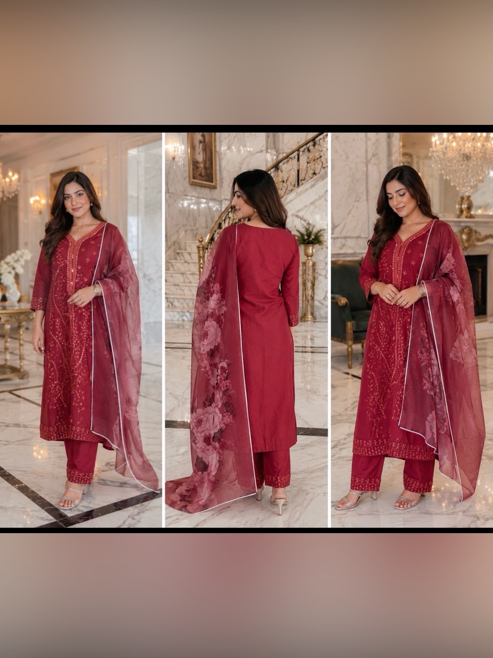 Salwar Kameez 3 pic Set stitched embroidered Sequins floral Shawl 38 or M